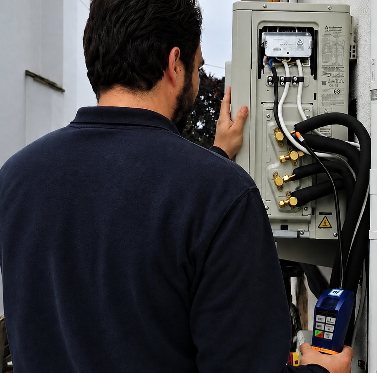 Engineer testing an outdoor air conditioning unit